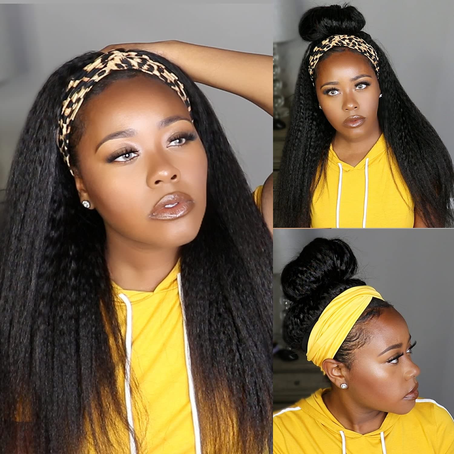 LUVME HAIR Kinky Straight Headband Wig for Black Women Yaki Straight Wigs Half Wig Natural Black Glueless Human Hair Wigs Weave Wig 16Inch