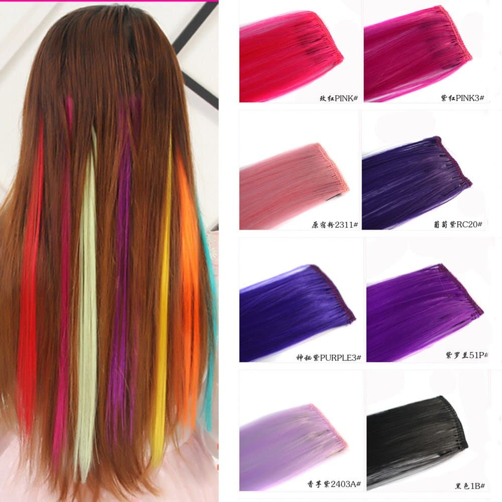 Simpleyourstyle 32colors 1 Pack=10pcs Colorful Candy Color Straight Blue Pink Green Purple Yellow Red Synthetic Clip in on Hair Extension for Women Not Full Wigs (#9 Aquamarine Green)