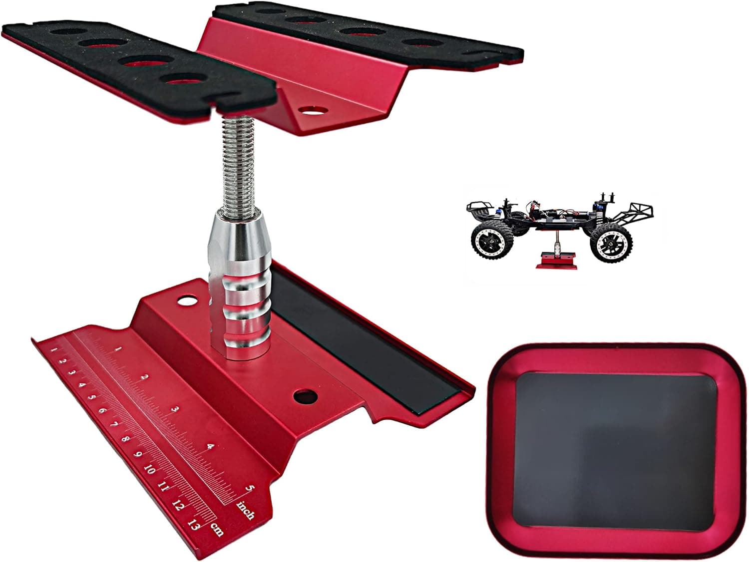 HOPLEX RC Car Work Stand Repair Workstation Red 360 Degree Rotation Lift w/Screws Tray Red for 1/8 1/10 1/12 Scale Cars Trucks Buggies
