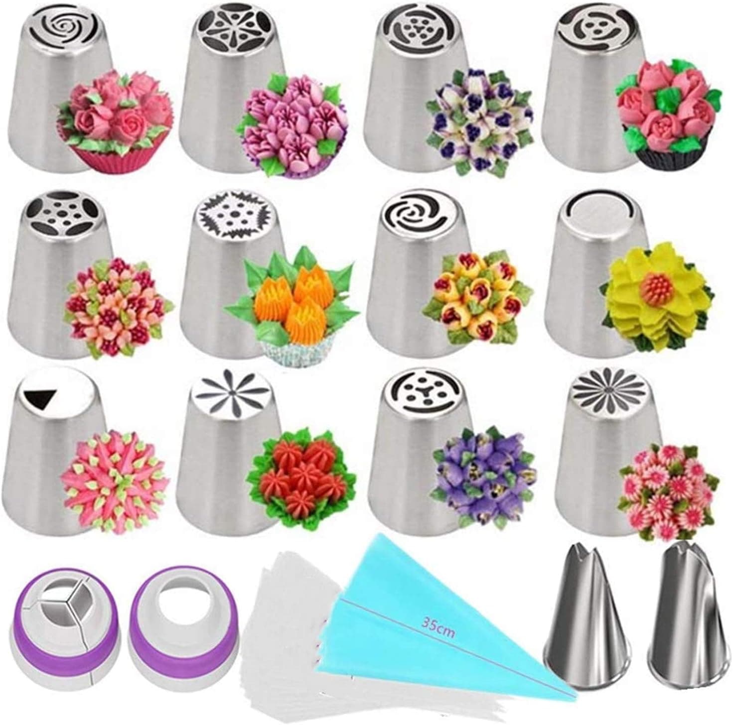 Russian Piping Tips Set, Decoo 27 Pcs Cake Decorating Supplies Kit Flower Frosting Nozzle: 12 Icing Nozzles 2 Couplers 2 Leaf Tips 1 Silicone Bag 10 Pastry Baking Bags for Cupcake Cake Baking Tool