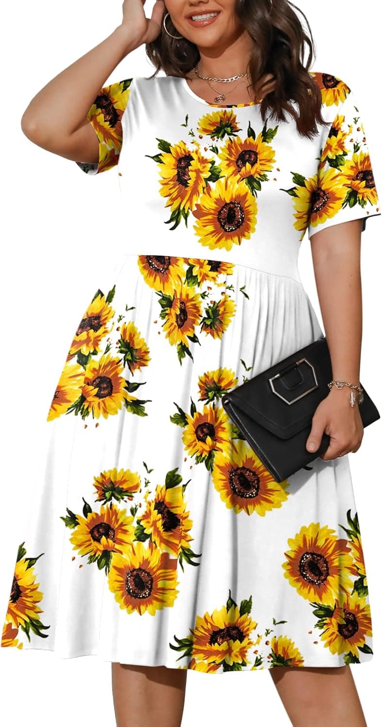 POSESHE Womens Plus Size Summer Dress 2023 Casual Short Sleeve Empire Waist Loose Fit Swing T-Shirt Dress with Pockets