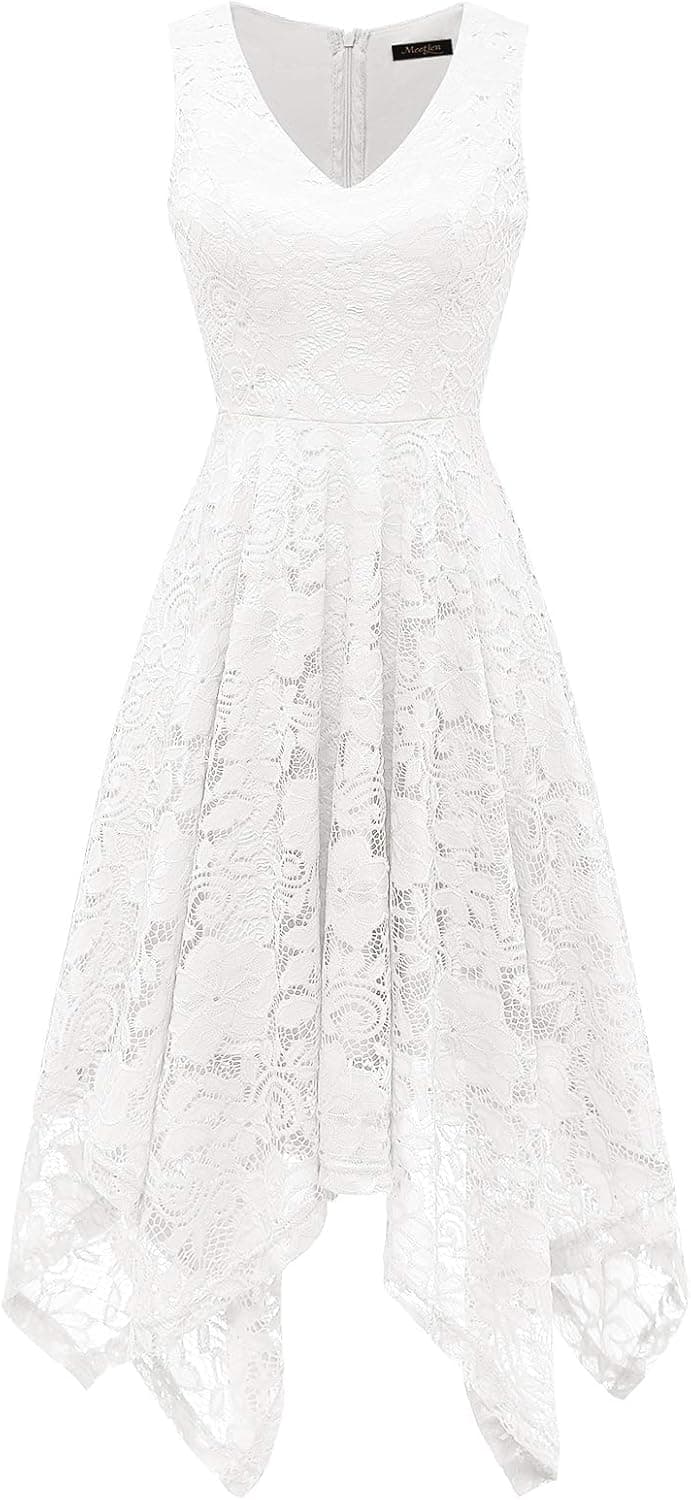 Meetjen Women's Vintage Floral Lace Dress Handkerchief Hem Asymmetrical Cocktail Formal Swing Dress