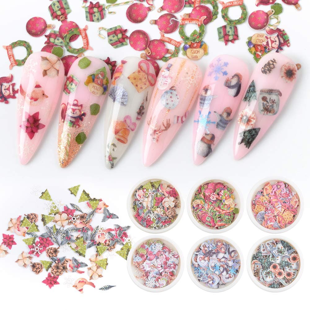 Nail Art 3D Christmas Sequin Nail Flakes Acrylic Paillettes Christmas Glitter Wood Chips Nail Decals Wreath Bells Tree Snowman Reindeer Squirrel Design Manicure Tips Decor 6 Boxes