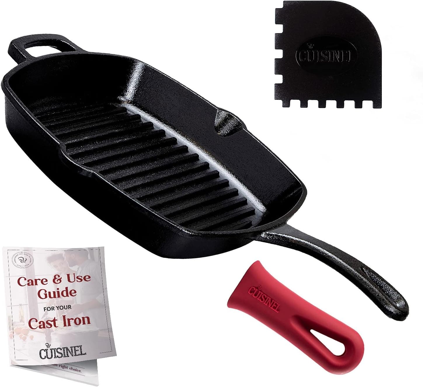 Cast Iron Grill Pan - Square 10.5"-Inch Pre-Seasoned Ribbed Skillet + Handle Cover + Pan Scraper - Grille, Firepit, Stovetop, Induction Safe - Indoor/Outdoor - Great for Grilling, Frying and Camping