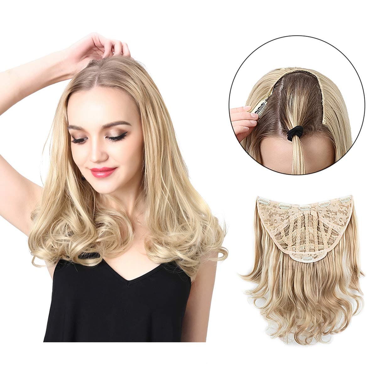 U Part Hair Extensions Clip in on Synthetic Full Head Hair Pieces for Women 16 Inch Beach Blonde Short Curly Wave SARLA