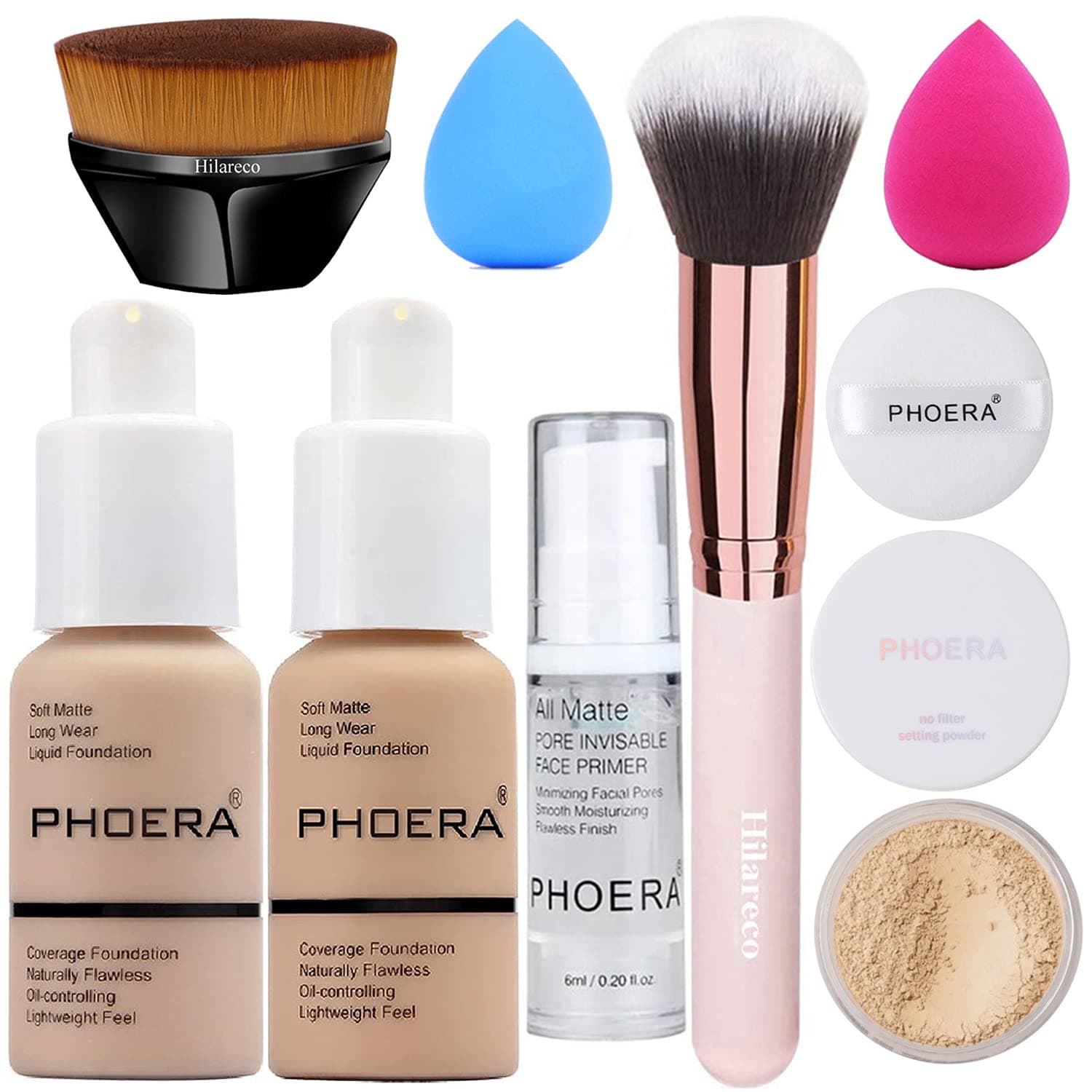 PHOERA Foundation, Full Coverage Foundation, PHOERA Primer, PHOERA Powder, PHOERA Makeup Set, Kabuki Makeup Brushes Foundation Brush Powder Brush,2 Pcs Makeup Sponge (104 Buff Beige + 105 Sand)
