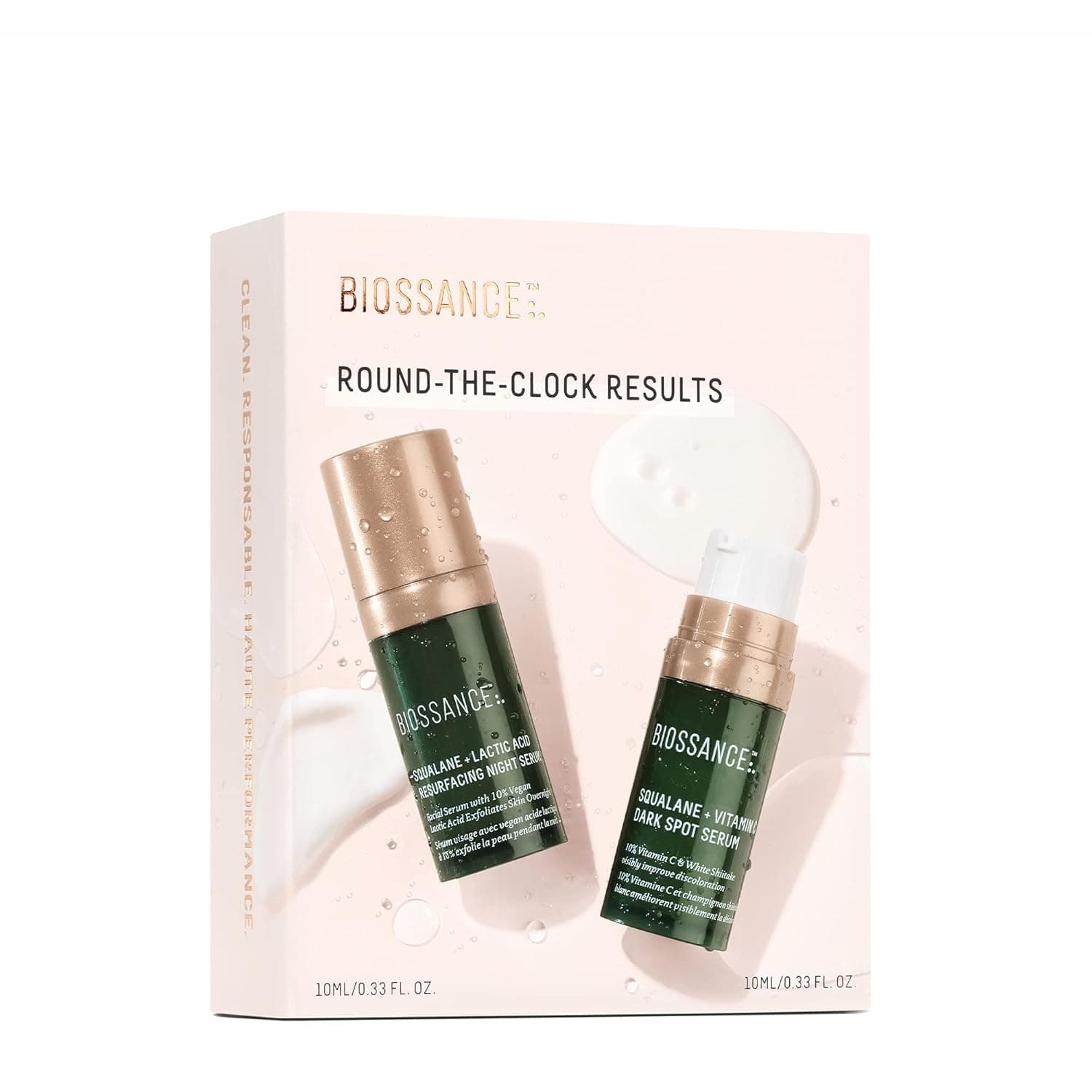 Biossance Round the Clock Results Set. Travel Size Set of 1 Squalane + Lactic Acid Night Serum (0.3 oz) Bundle with 1 Squalane + Vitamin C Dark Spot Serum (0.3 oz) for Clear, Glowing Skin