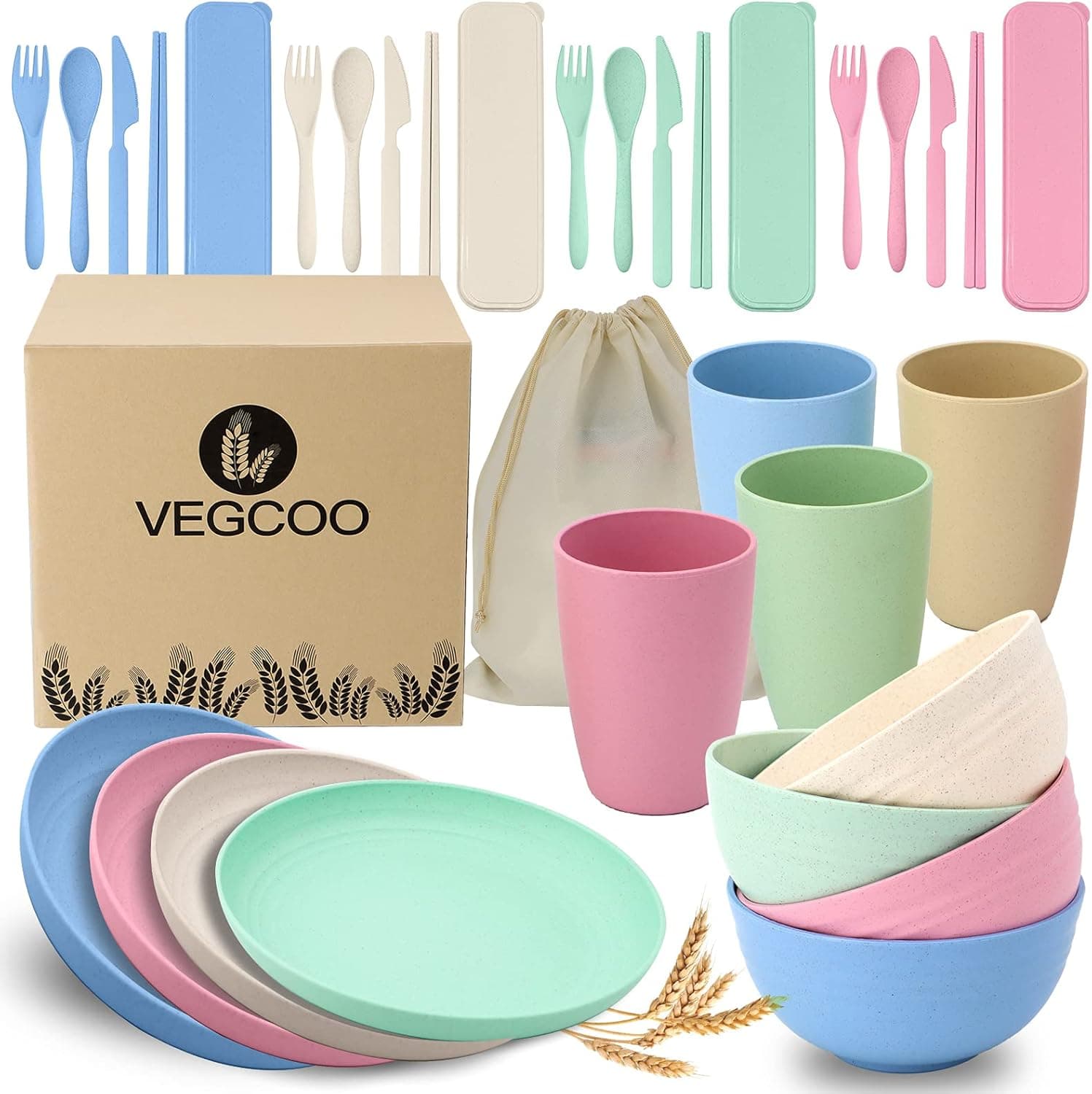 VEGCOO Wheat Straw Dinnerware Sets of 4 (32pcs), Lightweight and Unbreakable Dinnerware Sets with Reusable Microwavable Safe Plates, Bowls ,Cups, Chopsticks, Forks, Spoons Set, kids dinnerware set