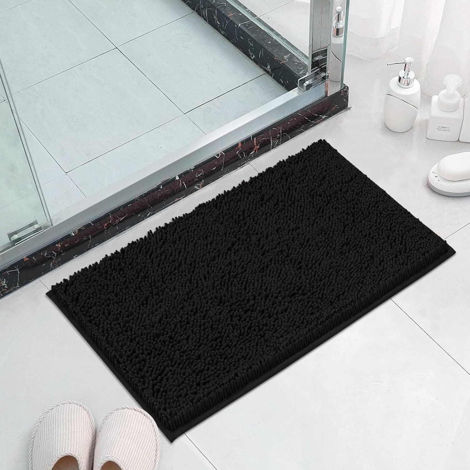 LINLA Non-Slip Soft Microfibers Chenille Bathroom Rug Mat, Machine Washable and Absorbent Fast Dry Kitchen Rugs,Thick Modern Plush Carpet for Tub,Shower and Door (16x24 inches, Black)