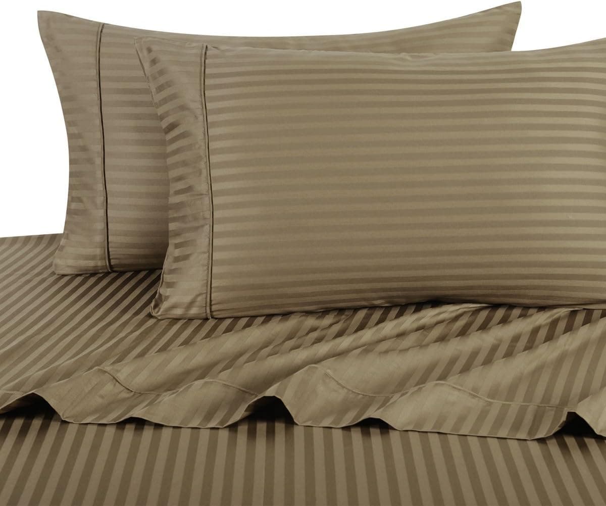 Stripe Taupe Queen Size Sheets, 4PC Bed Sheet Set, 100% Cotton, 300 Thread Count, Sateen Striped, Deep Pocket, by Royal Hotel