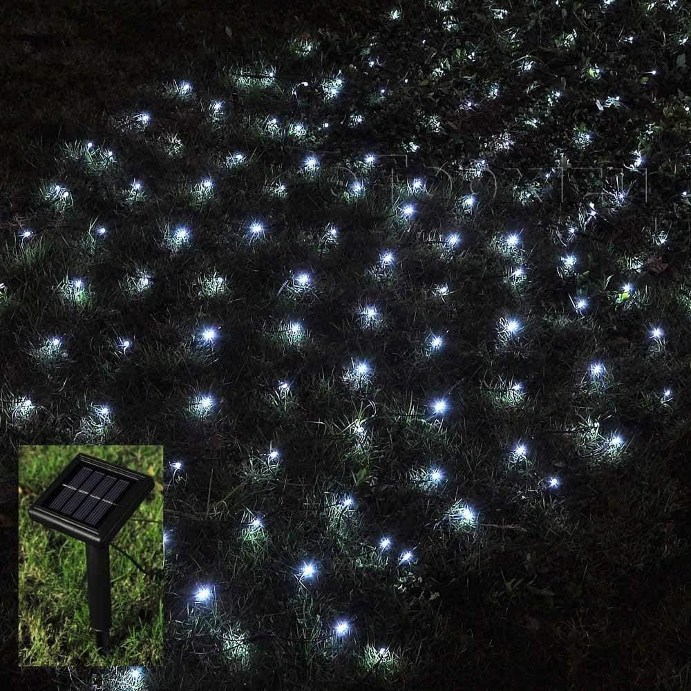 Solar Net Lights Outdoor,Led Mesh Lights,4.9ft x 4.9ft,100 LEDs Tree-Wrap Christmas Lights Holiday Fairy String Lights for Homes Patio Party Lawn Window Wall Decoration-Dark Green Cable,8 Mode,White