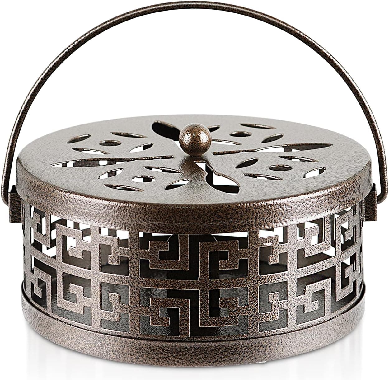 Whiidoom Metal Mosquito Coil Holder with Handle Portable Coil Incense Burner for Home Garden Decorate (Bronze)
