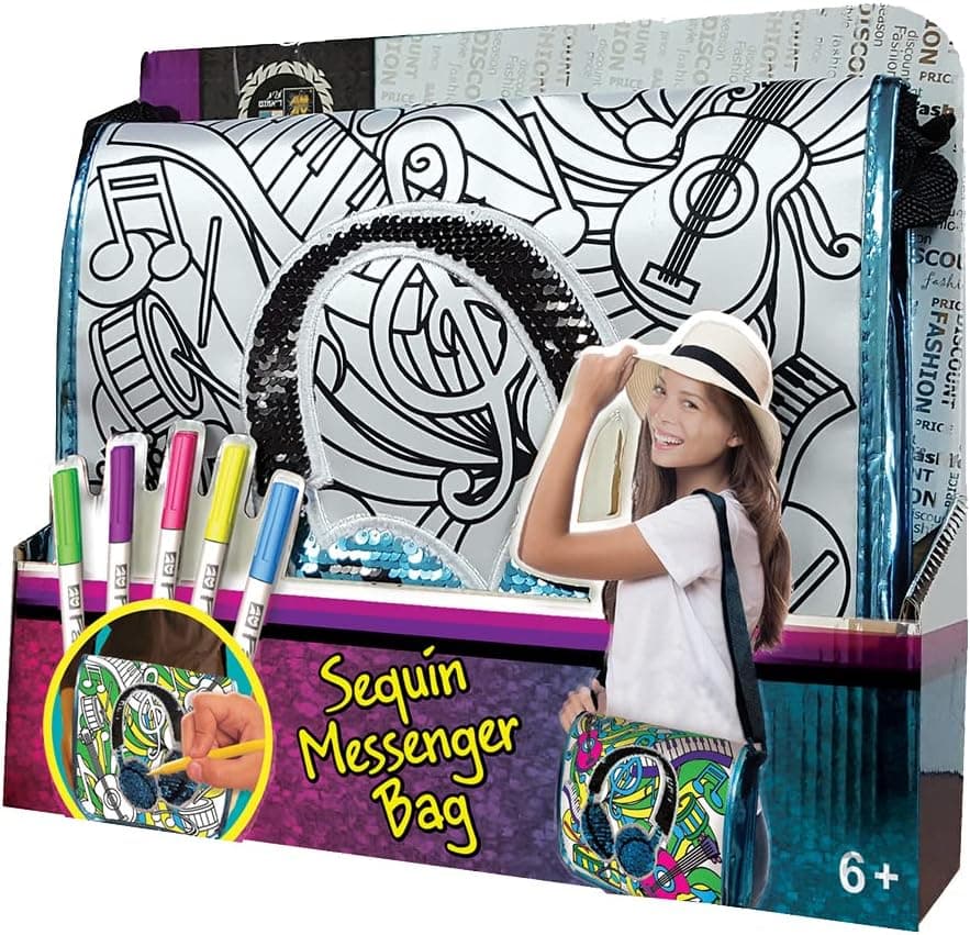 AMAV Toys DIY Personalize Paintable Reversible Sequins Messenger Bag for Girls - Create Your Own Personalized School Launch Bag with A Zipper - Perfect Sleepover Activity for Kids Aged 6+