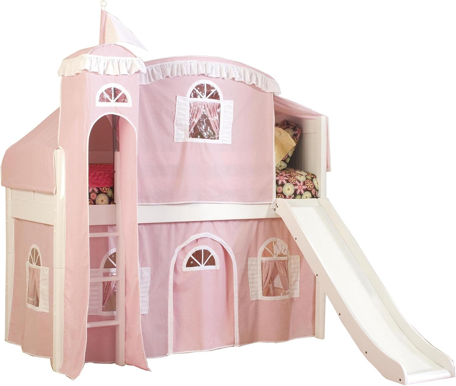 Bolton Furniture Cottage Low Loft Castle Bed, White with Pink/White Top Tent, Bottom Playhouse Curtain, Tower and Slide