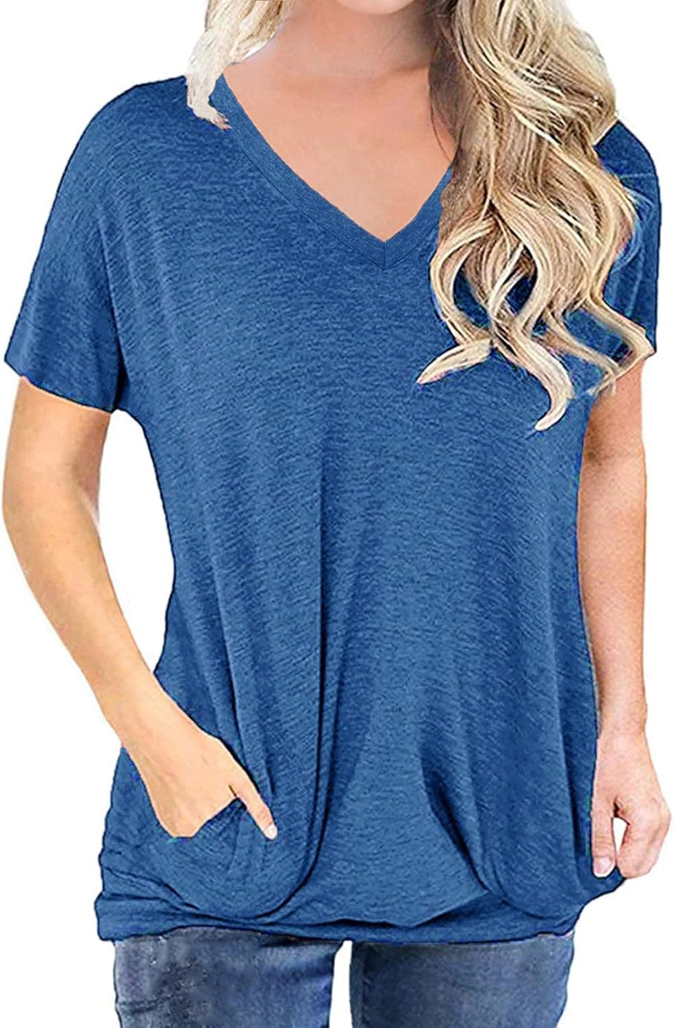 lymanchi Women Short Sleeve V Neck Tshirt Pocket Casual Solid Color Basic Tee Top 197 Blue XL