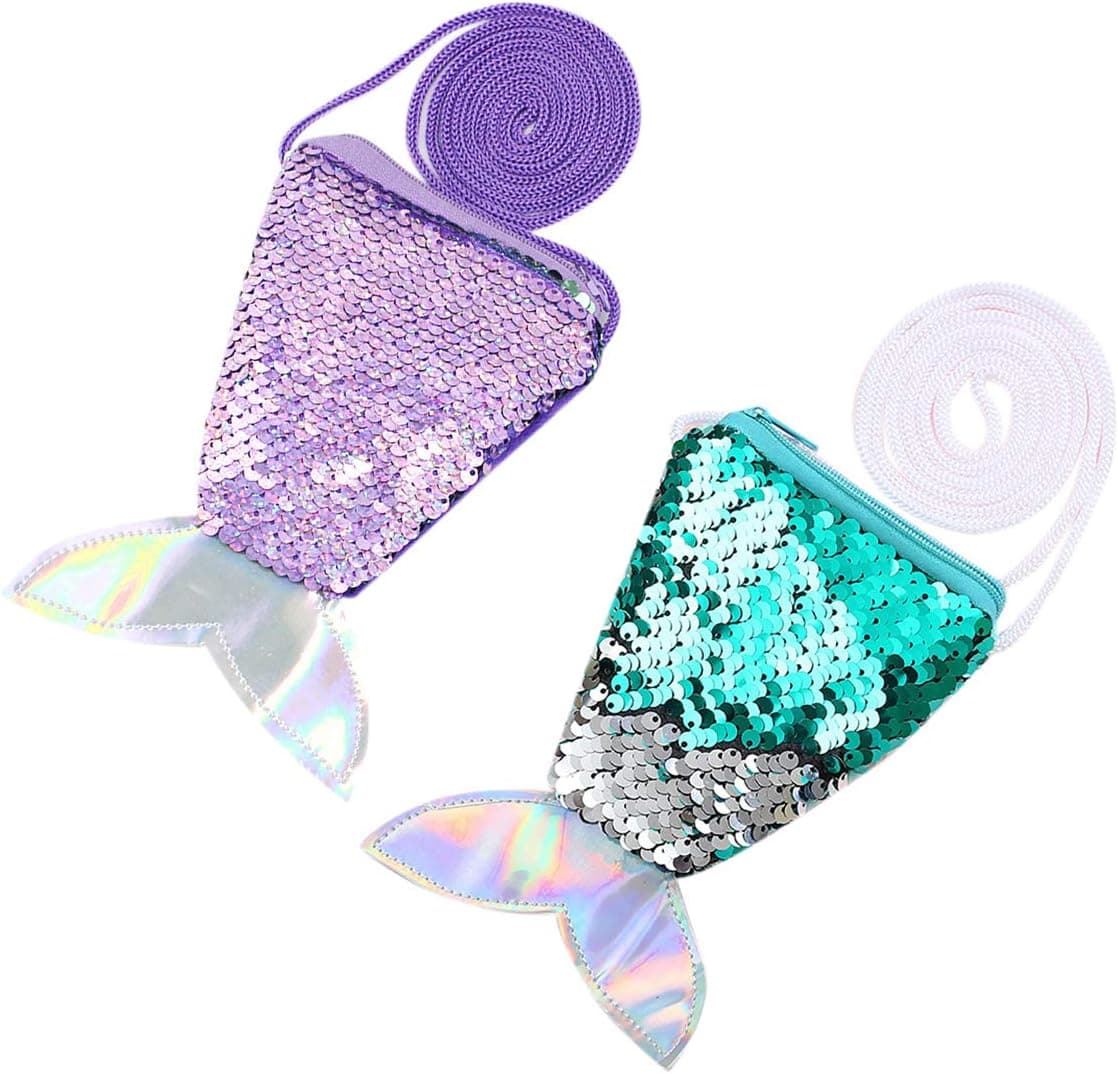 2Packs Mermaid Tails Coin Purses Sparkly Sequins Wallets Handbags Key Holders Pouch with Strap for Little Girls