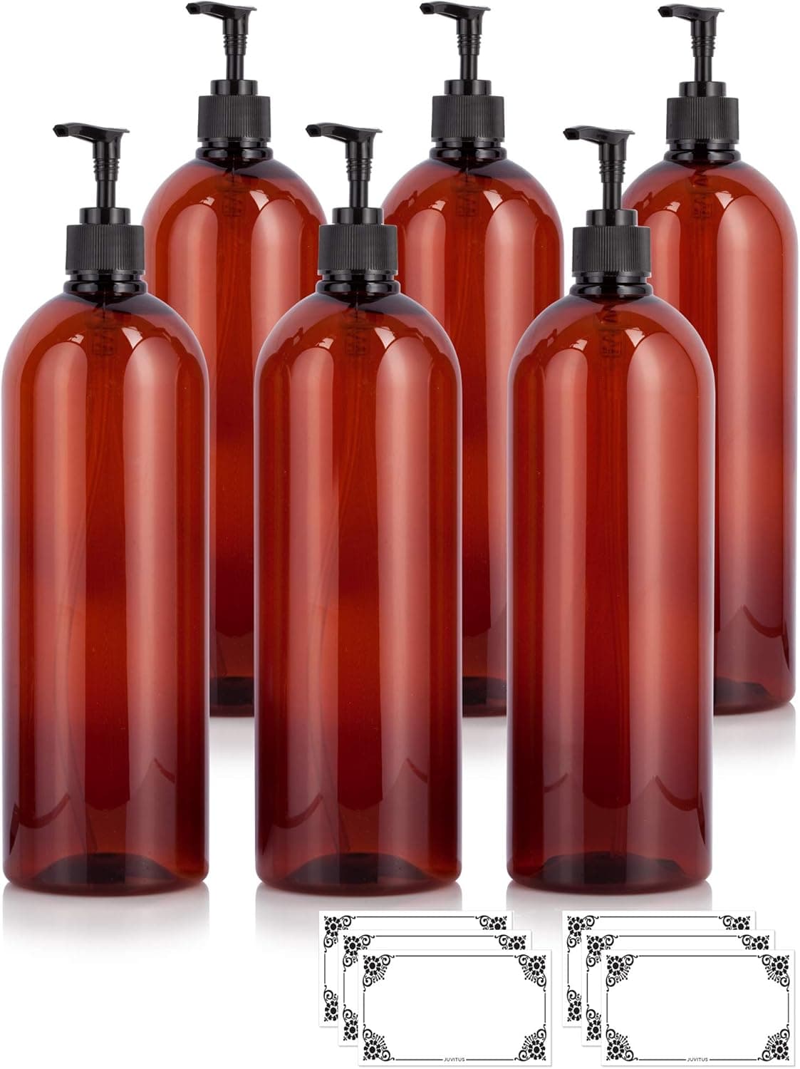 JUVITUS Amber 32 oz Large Boston Round PET Bottles (BPA Free) with Black Lotion Pump (6 pack) + Labels