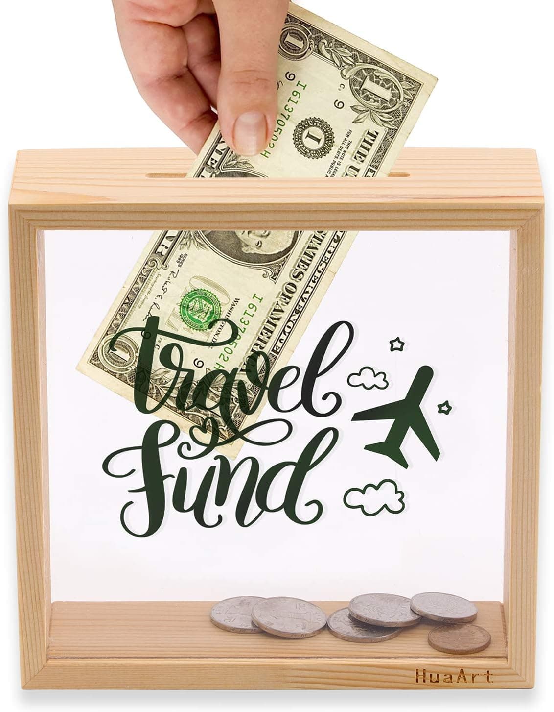 HuaArt Piggy Banks for Adults,Decorative Shadow Box Wooden Frame,Coin Bank Money Bank,Sized 6.5x6.5x2 Inch,Natural Wood Money Box,Travel Fund Printed on The Plexiglass Front.