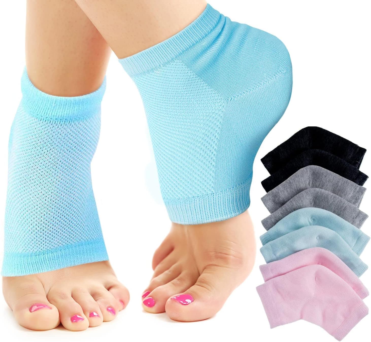 Nado Care 4 Pairs Heels Moisturizing Socks for Dry Cracked Heels Repair - Moisturizing Gel Heel Sleeves Open Toe Comfy Socks Day Night - Pink, Blue, Grey and Black