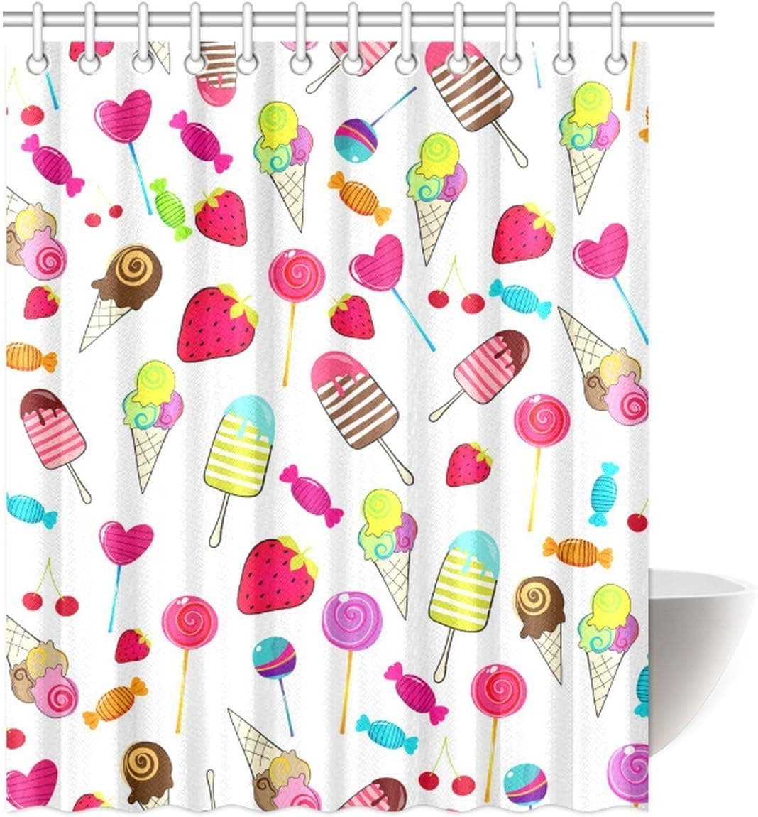 InteresrPrint Summer Ice Cream Candy Waterproof Polyester Fabric 60"(w) x 72"(h) Shower Curtain and Hooks