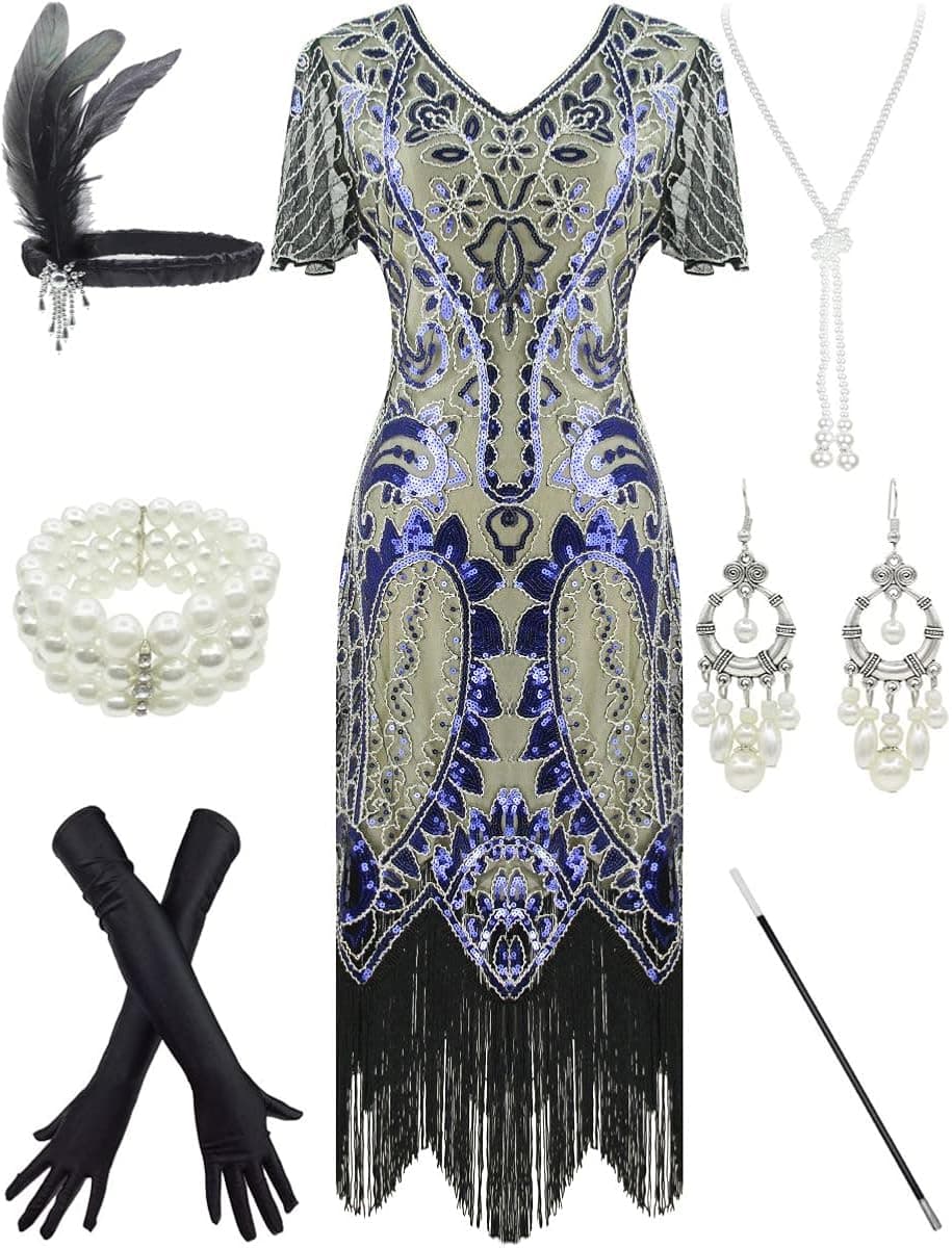 Women 1920s Gatsby Vintage Sequin Flapper Fringe Party Plus Dress with 20s Accessories Set