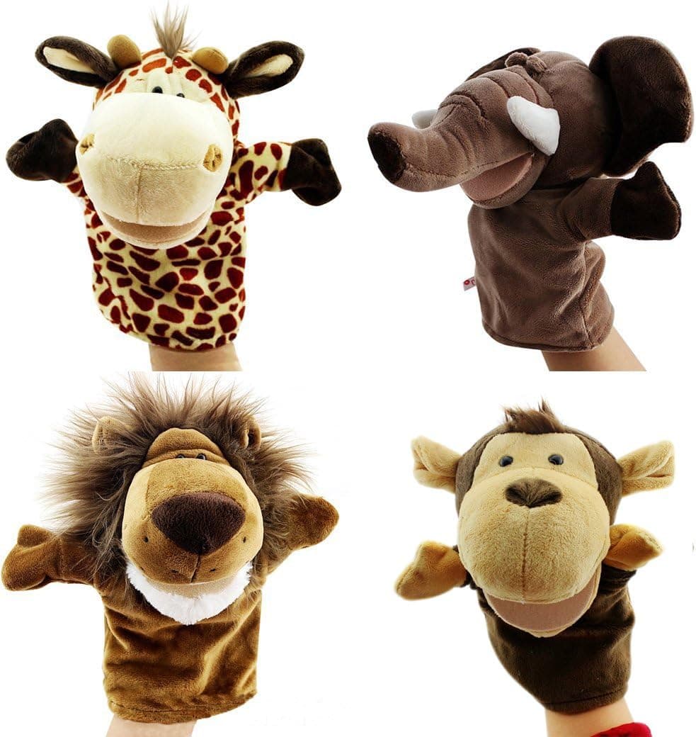 Caleson Zoo Friends Hand Puppets (Set of 4) - Elephant, Giraffe, Lion, and Monkey(Big Movable Mouths)