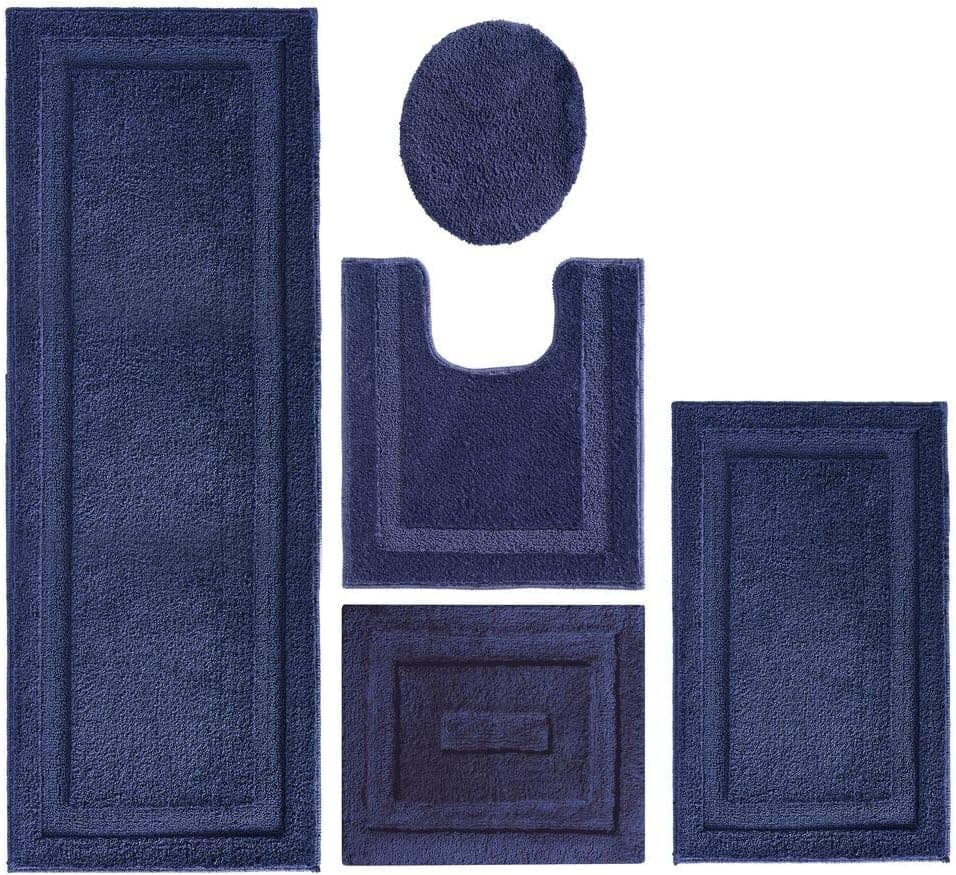 mDesign Soft Microfiber Polyester Bathroom Spa Rug Set - Water Absorbent, Machine Washable, Plush, Non-Slip - Includes 3 Rectangular Accent Rugs, Contour Mat, Toilet Lid Cover - Set of 5 - Navy Blue