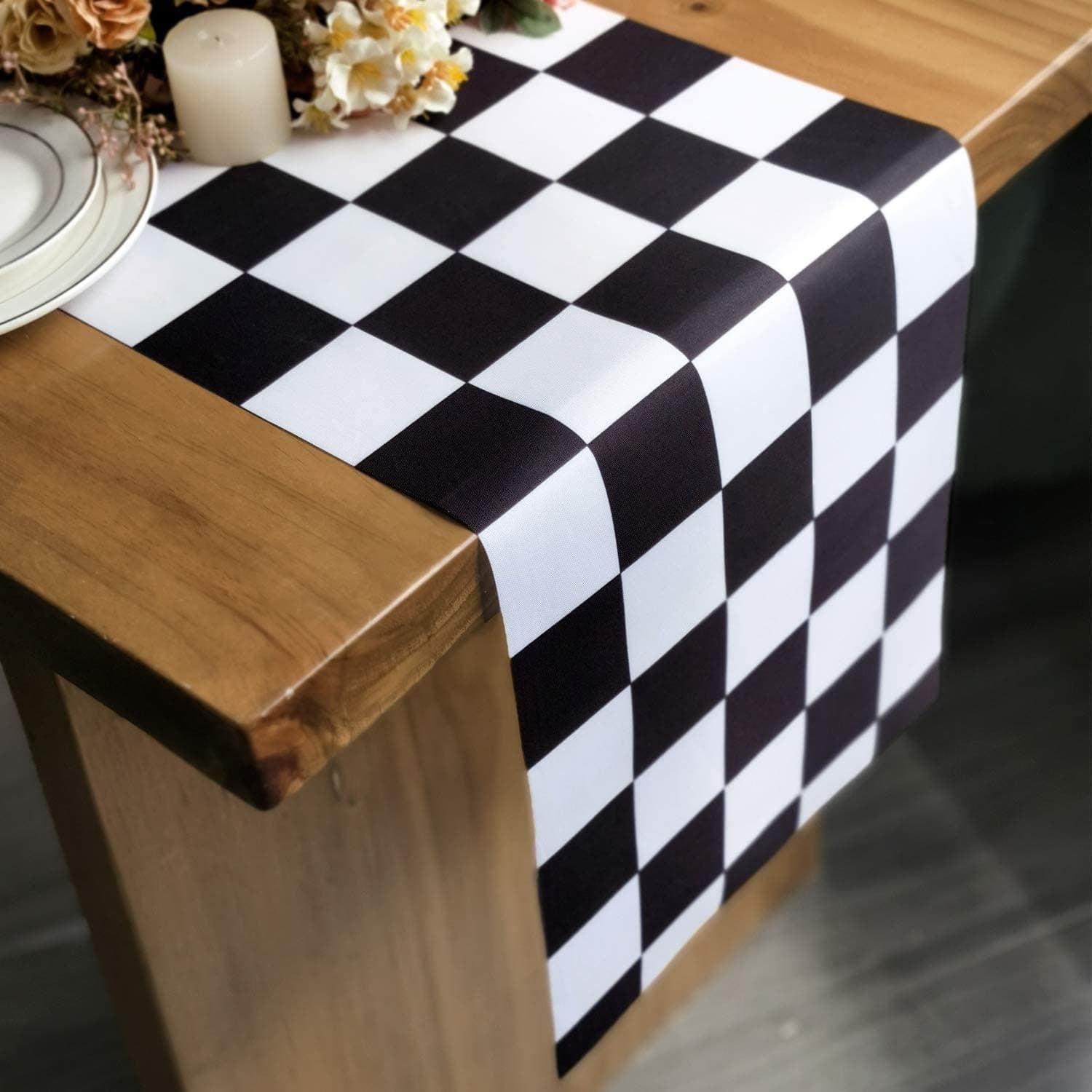 Polyester Table Runner Black and White Checkerboard Racing Theme for Anniversary Runner Dinner Parties Supplies Birthday Party Wedding Winter New Year Decorations 12 x 72 Inches 2 PCS