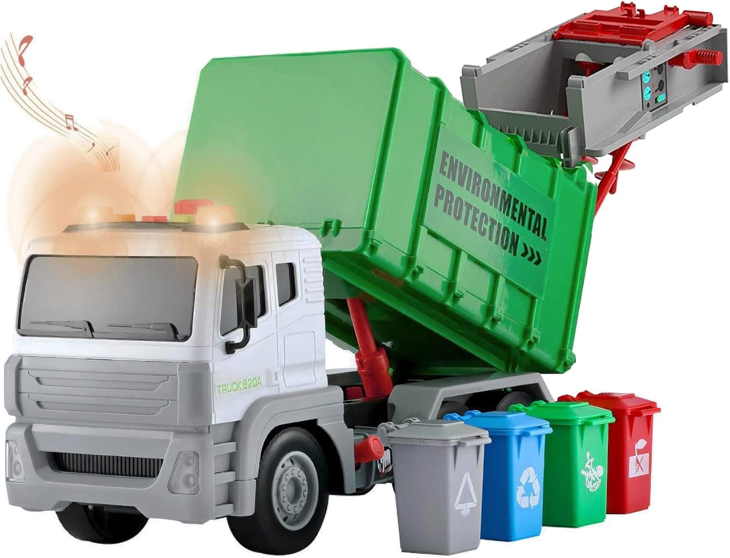 12.5" Friction Powered Garbage Truck with 4 Rear Loader Trash Sorting Cans | Lights and Sounds Buttons, City Recycling Waste Management Vehicle Kids Toy Sanitation Truck