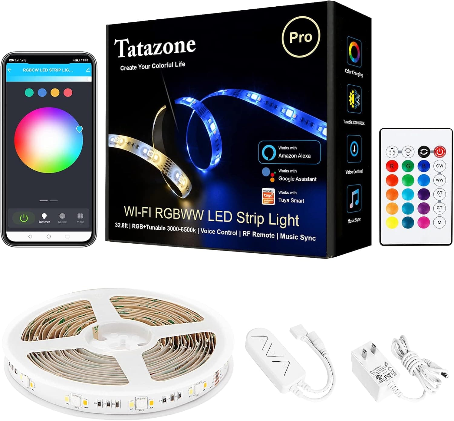 Tatazone RGBWW Smart LED Strip Lights, 32.8ft Tunable White 3000K-6500K+RGB WiFi Led Light Strips with Alexa Google, Music Sync Color Changing LED Rope Lights with App and Remote for Kitchen, Room