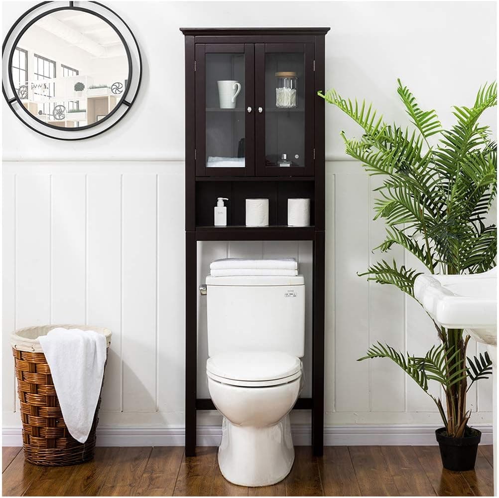 glitzhome Wooden Bathroom Free Standing Storage Cabinet with Multifunctional Cabinet with Glass Double Doors and Adjustable Shelf