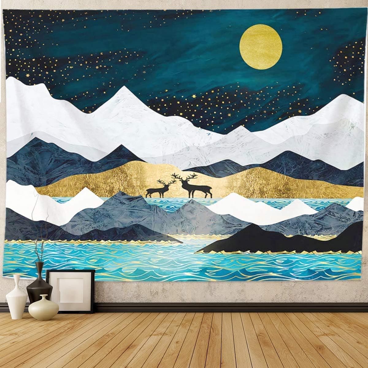 Mountain Tapestry Wall Hanging Starry Night Tapestry Moon and Star Tapestry Landscape Tapestry Nature Tapestry for Bedroom Dorm Room, 59 x 78 inch