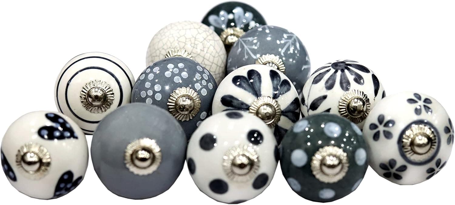 Ceramicworlds 12 Pieces Vintage Ceramic Grey and white Knobs Pack Cabinet Knobs Drawer Pull Decorative Painted Knobs Kitchen Furniture Drawer Pulls for Home, Kitchen, Bathroom or Office