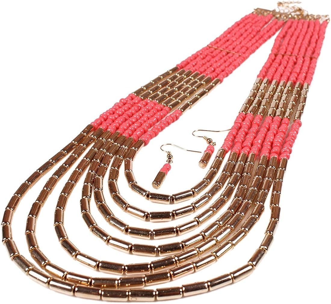 QIYUN.Z Multiple Rows Torsade Gold Turquoise Blue Small Beaded Bib Necklace Earrings