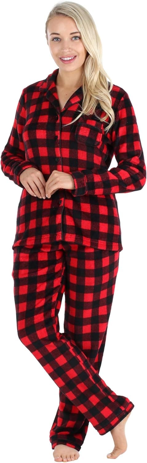 PajamaMania Women's Plush Fleece Long Sleeve 2-Piece Button-Down Pajamas PJ Set