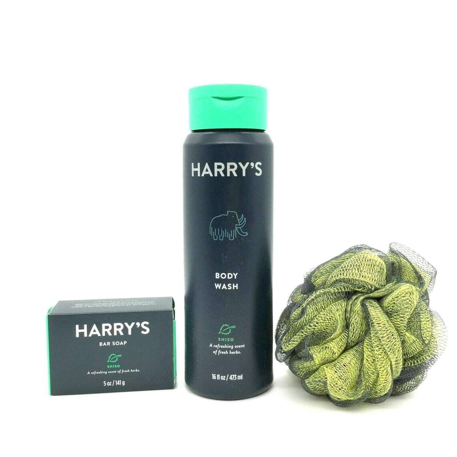 Solanji Group Skin Care Harry's 3 in 1 Combo Shiso Body Wash Gel 16 oz. Bar Soap 5oz. & Loofah Set Fresh Herbs Scent