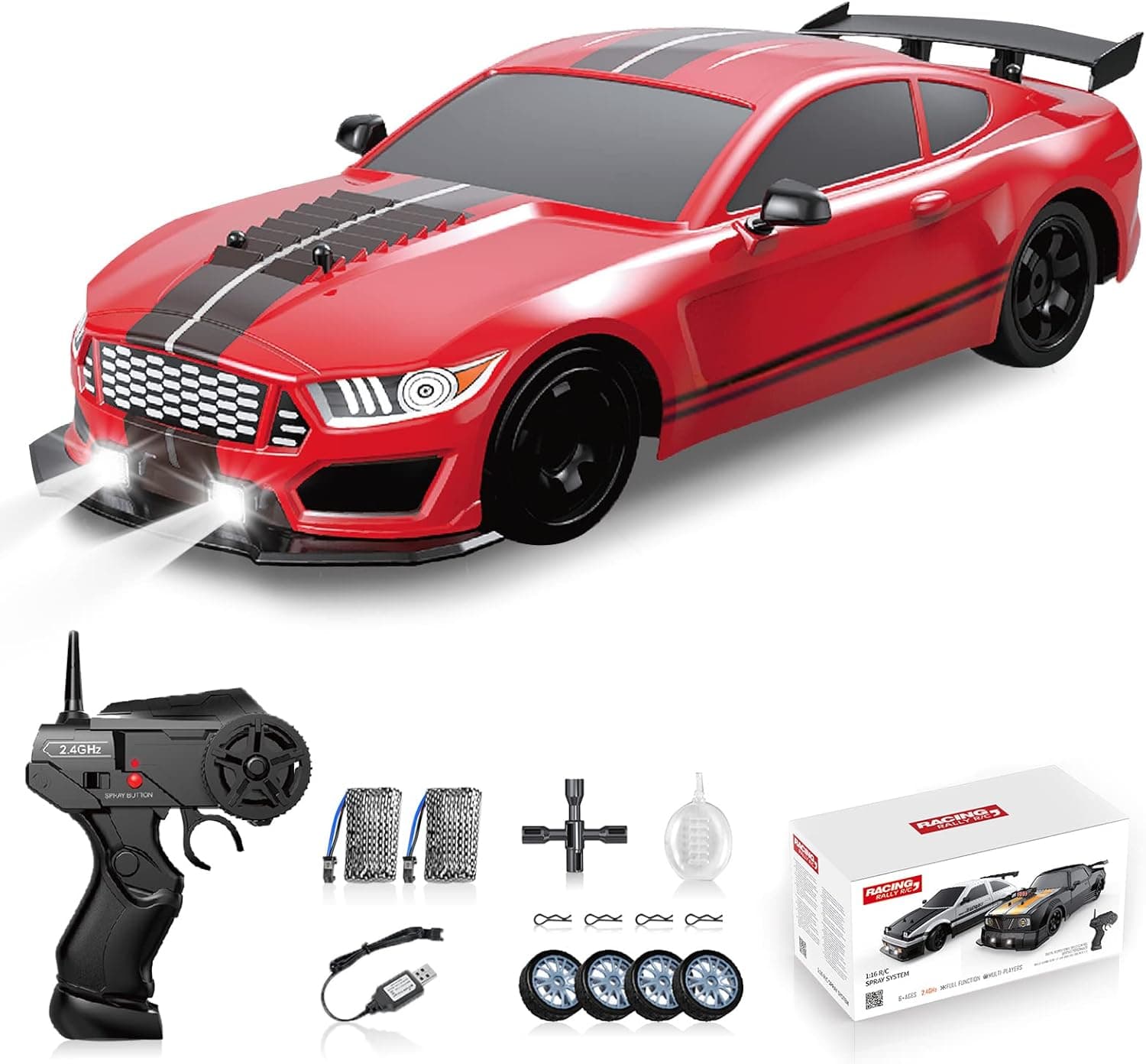 Sakeye RC Drift Car 2.4GHz 1:16 Scale 4WD High Speed Remote Control Cars Vehicle with LED Lights Two Batteries and Drifting Tires Racing Sport Toy Cars for Adults Boys Girls Kids Gift