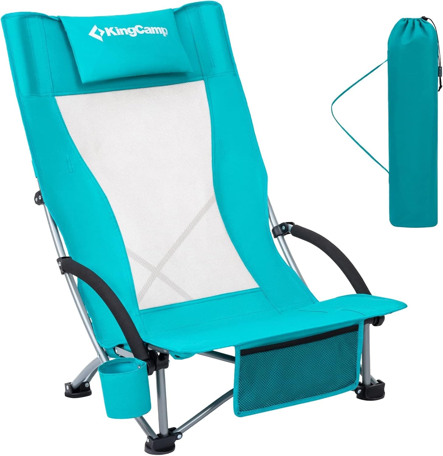 KingCamp Low Sling Beach Chairs,Folding High Mesh Reclining Back Chair for Adults with Headrest,Cup Holder,Carry Bag Padded Armrest for Sand Camping Lawn Concert Travel Festival