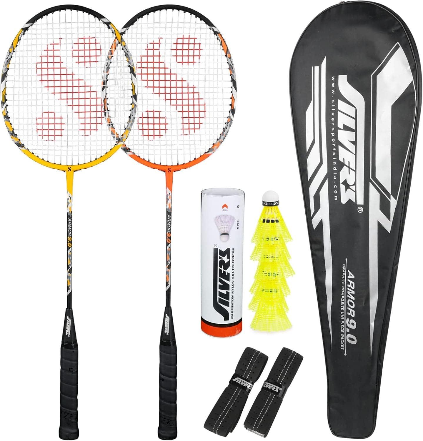 Silver’s Badminton Racket Set - Set of 2 Lightweight Uni-Piece Semi-Graphite Badminton Racquets, with 1 Padded Badminton Racket Bags, 6 Nylon Shuttlecocks with Case, 2 Extra Overgrip Tape