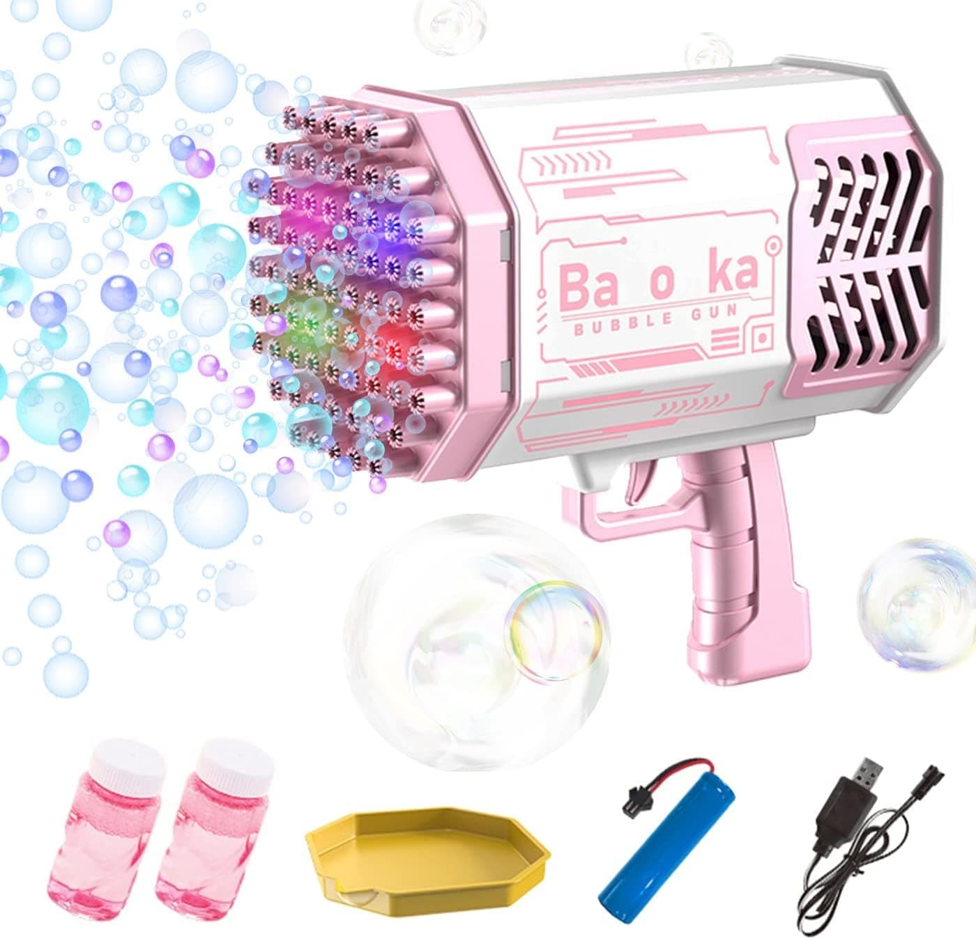 Bubble Gun with 69-Hole and Light, Summer Indoor Outdoor Activity Bubble Blaster Party Favors Electric Automatic Bubble Maker Machine, TIK Tok Gatling Bubble Blower Toys for Kids Adults (Pink)