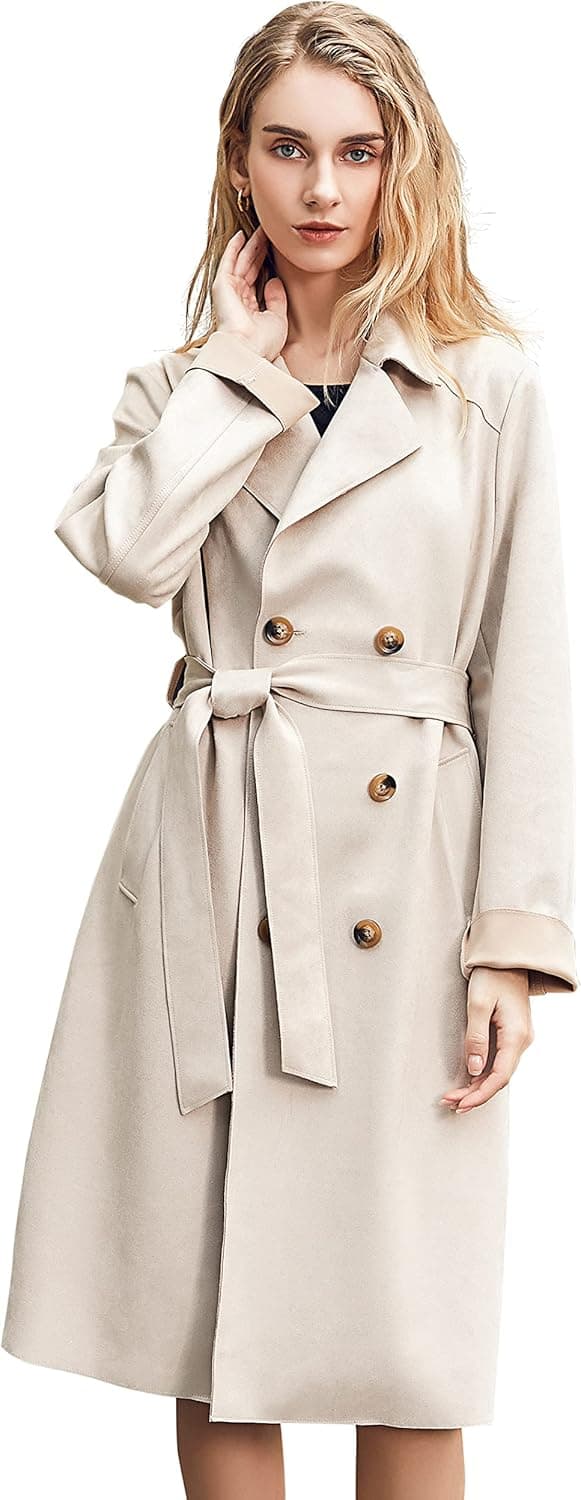 Women Faux Suede Trench Coat Beige Double Breasted Elegant Notched Lapel Trench Coat Long Sleeve Casual Coat Knee Length Slim Fit Long Overcoat Leather Jacket L