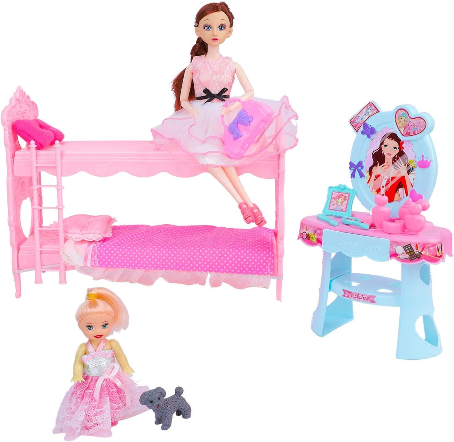 Huang Cheng Toys 11 Inch Doll Furniture - Bed & Dressing Table and Doll Accessories