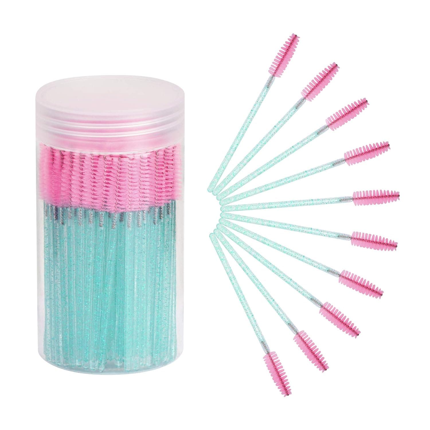 Cuttte 100pcs Disposable Mascara Brushes Wands with Container, Crystal Eyelash Brush Spoolie Brushes for Eyelash Extensions and Mascara Use