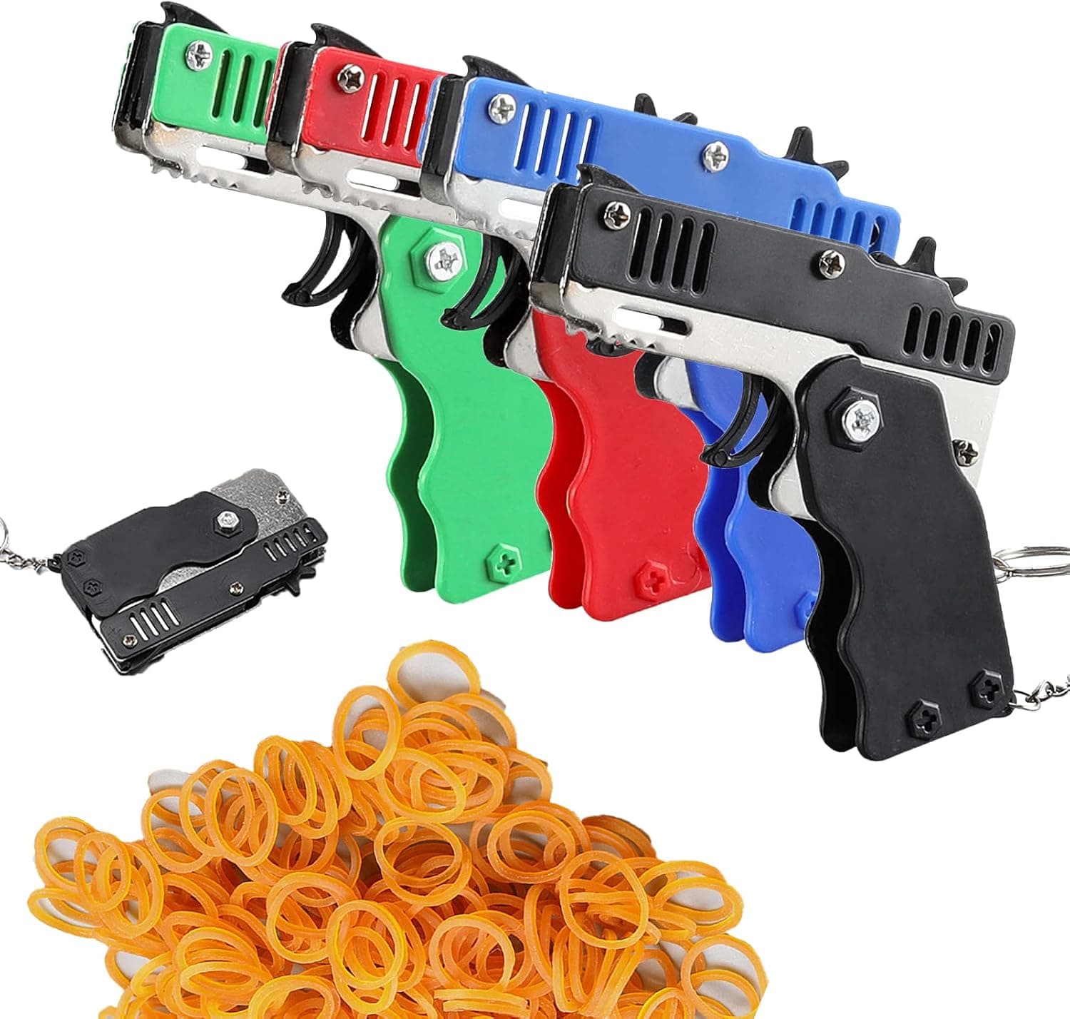 4Pcs Rubber Band Gun Toy - Mini Metal Foldable Toy Gun Keychain and 240 Rubber Bands (B)