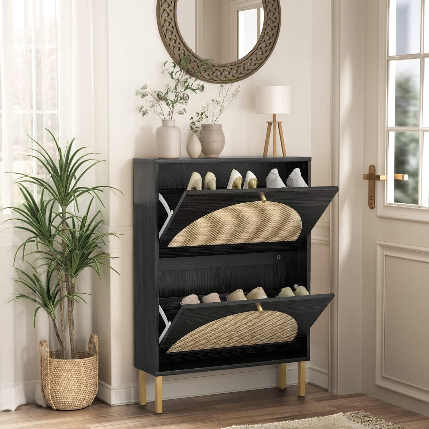 Angel Sar Rattan Shoe Cabinet with 2 Flip Drawers, Narrow Shoe Storage Cabinet for Entryway, Bedroom, Living Room, Apartment, Black
