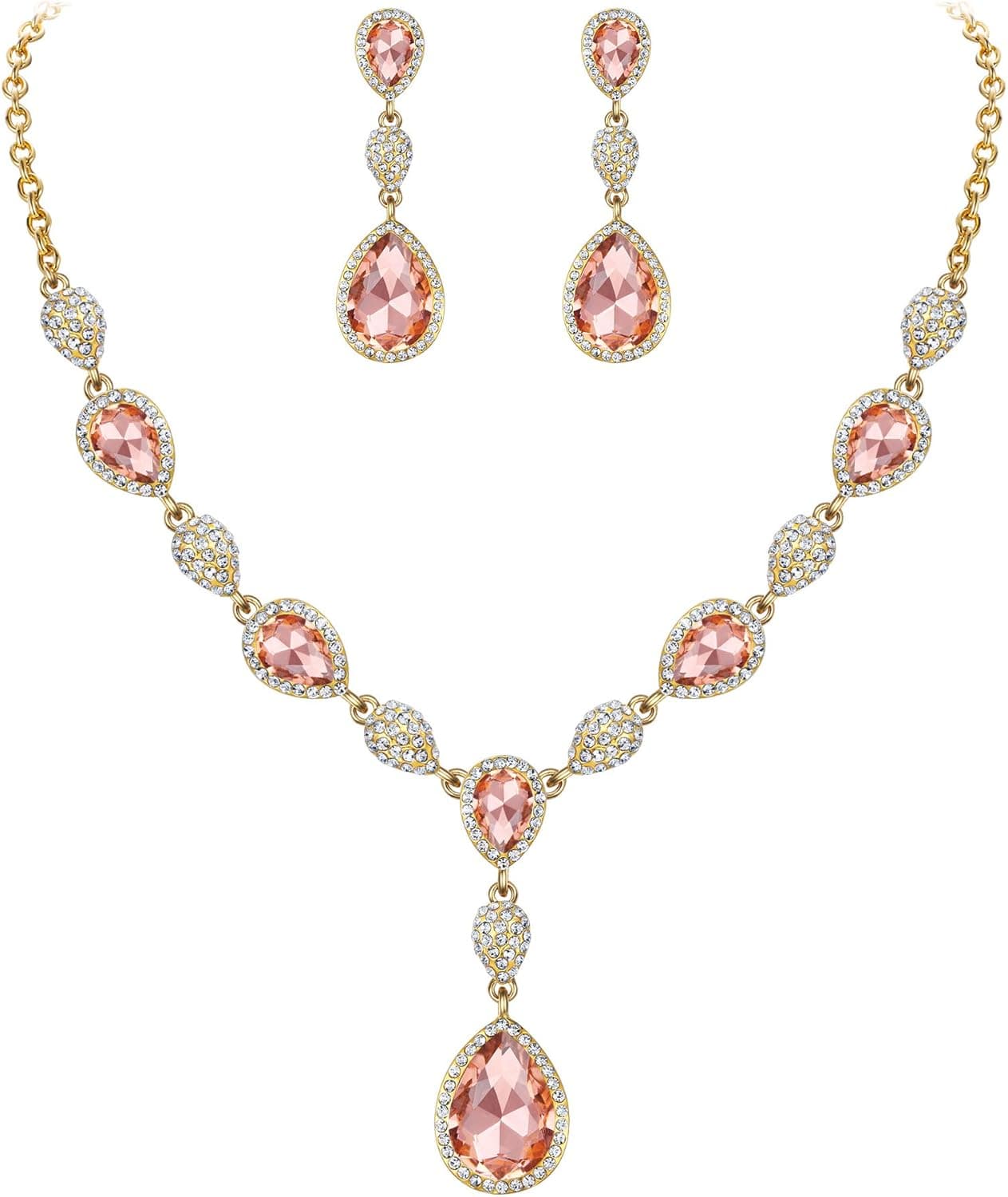 EleQueen Women's Cubic Zirconia Teardrop Y-Necklace Dangle Earrings Sets for Bride Bridesmaids Champagne Gold-Tone
