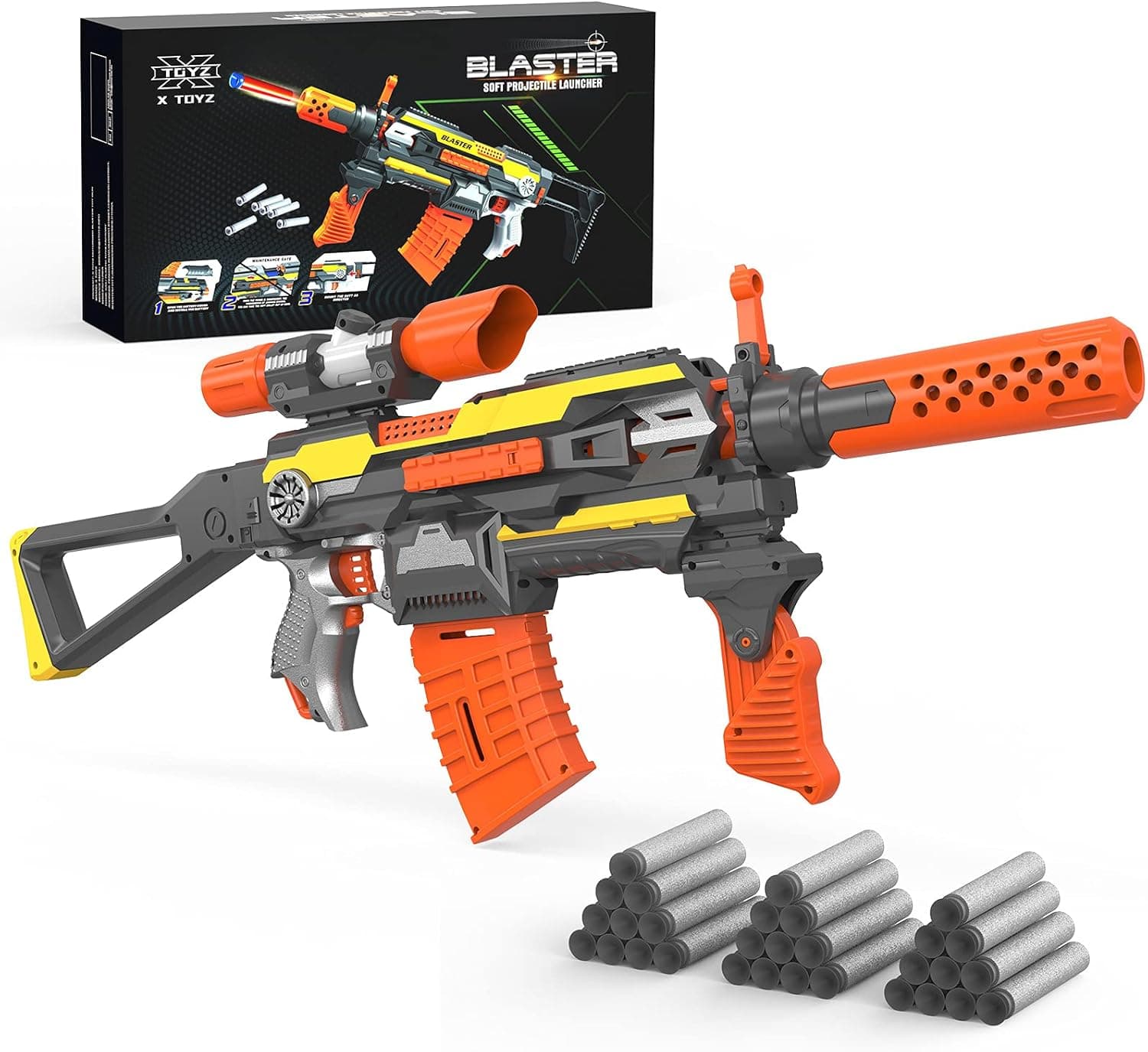 Toy Gun for Nerf Guns Automatic Machine Gun - Electric Toy Foam Blasters & Guns with 30 Bullets for Boys 8-12, DIY Motorized Outdoor Shooting Games Gun, Great Birthday Gift for Kids, Teens & Adults