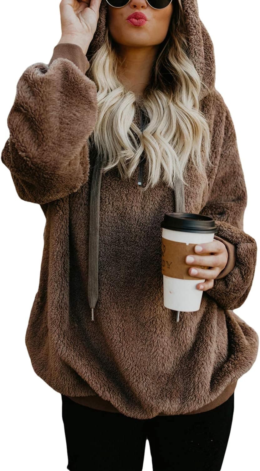 Cutiefox Women's Fuzzy Plush Sherpa Sweatshirts Oversized Pullover with Pockets Coffee