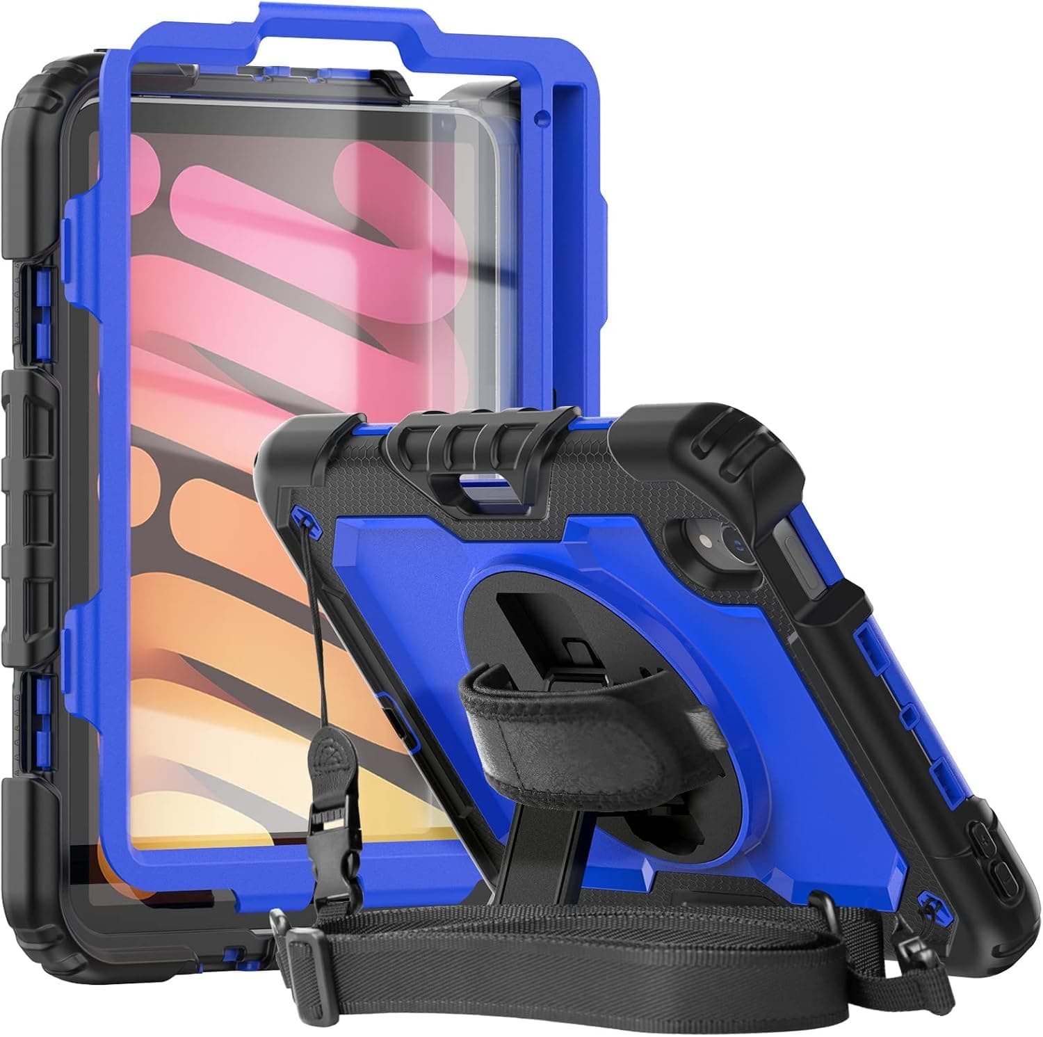 Herize iPad Mini Case for iPad Mini 6 8.3 Inch 2021 with Screen Protector Pencil Holder | Support 2nd Gen Pencil Wireless Charging | Full Body Protection Silicone Case W/Handle Shoulder Grip | Blue