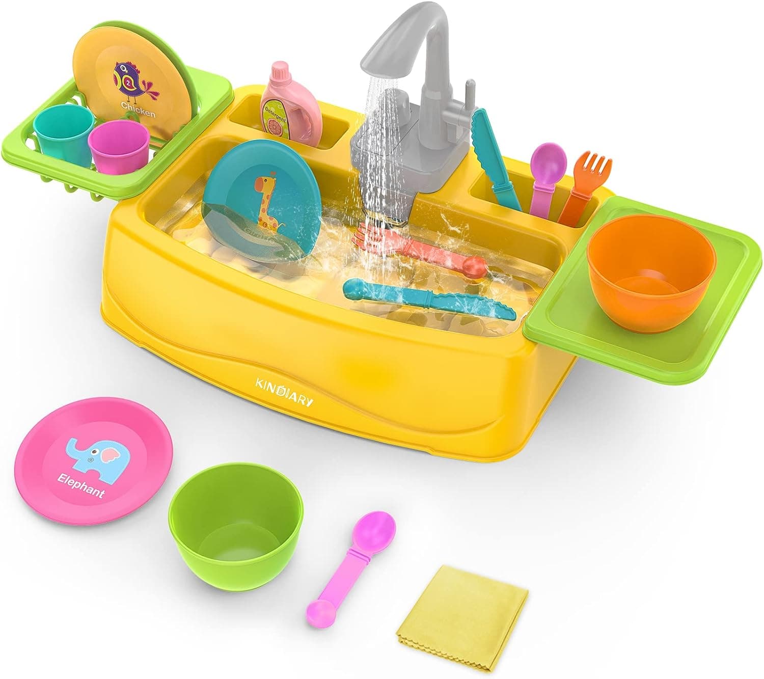 KINDIARY Play Kitchen Sink Toy with Running Water for Kids Toddler, Learning Dishwasher Set with Automatic Water Cycle System, Pretend Role Play Toys for Boys Girls